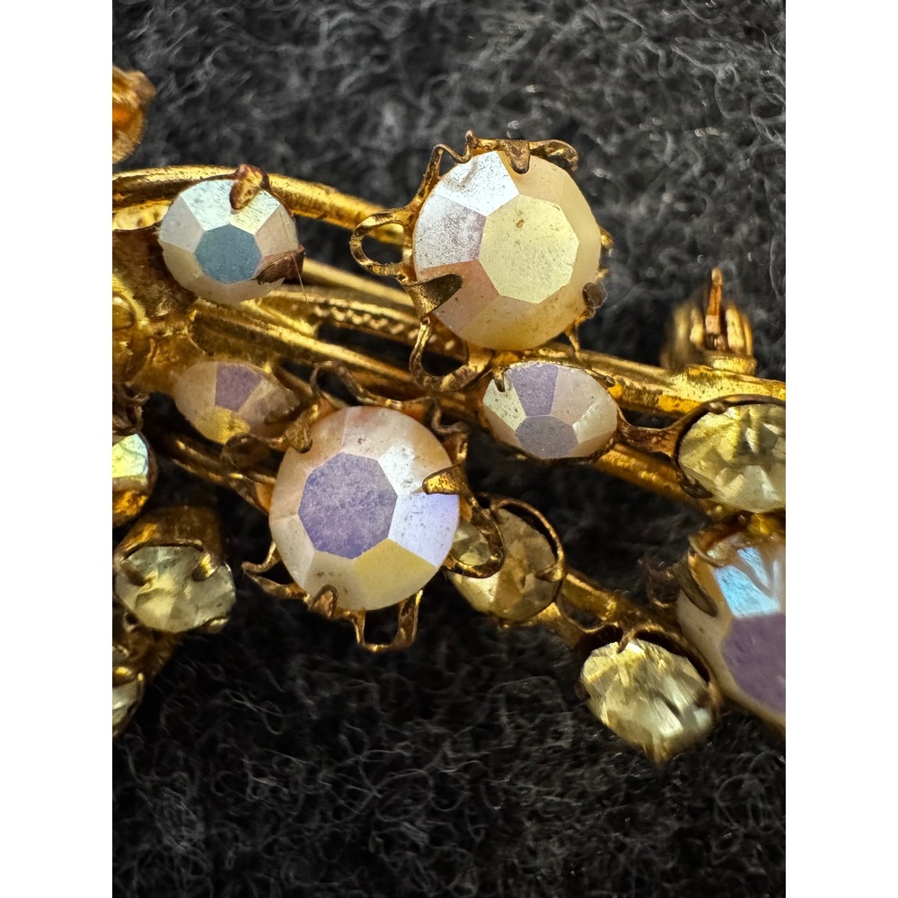 Vintage Aurora Borealis Rhinestone Floral Spray Brooch Gold Tone Mid Century - Picture 5 of 5